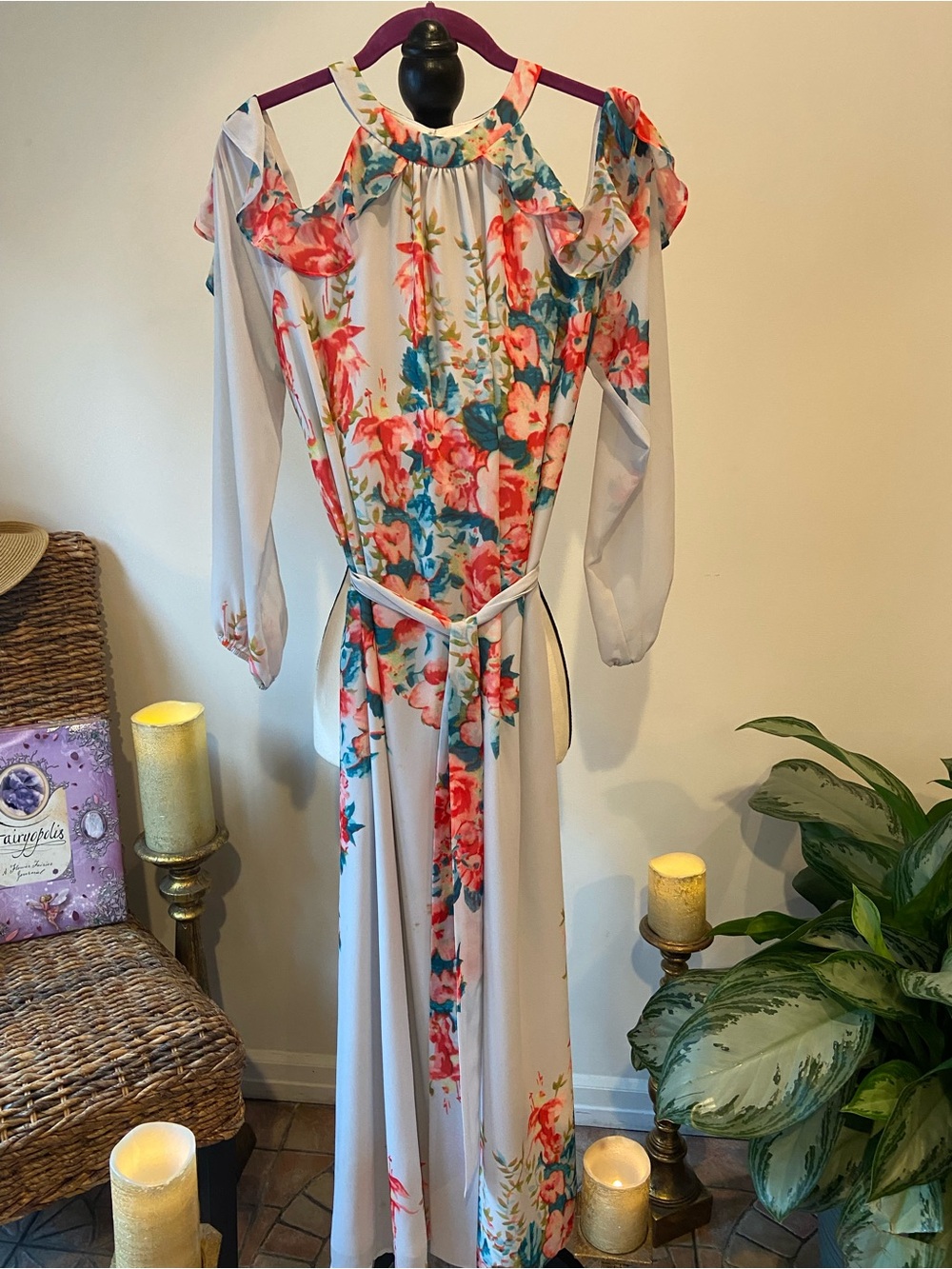 Gianni Bini White Maxi Dress with Coral and Teal Floral Print